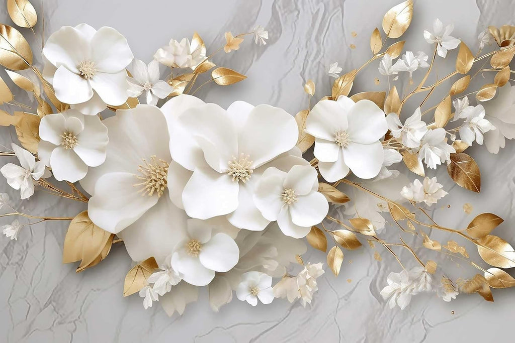 3D Wallpaper Illustration Beige Background Large White Abstract Gold Leaf Flower for Living Room Bedroom Backdrop Decoration（Non-self-Adhesive）
