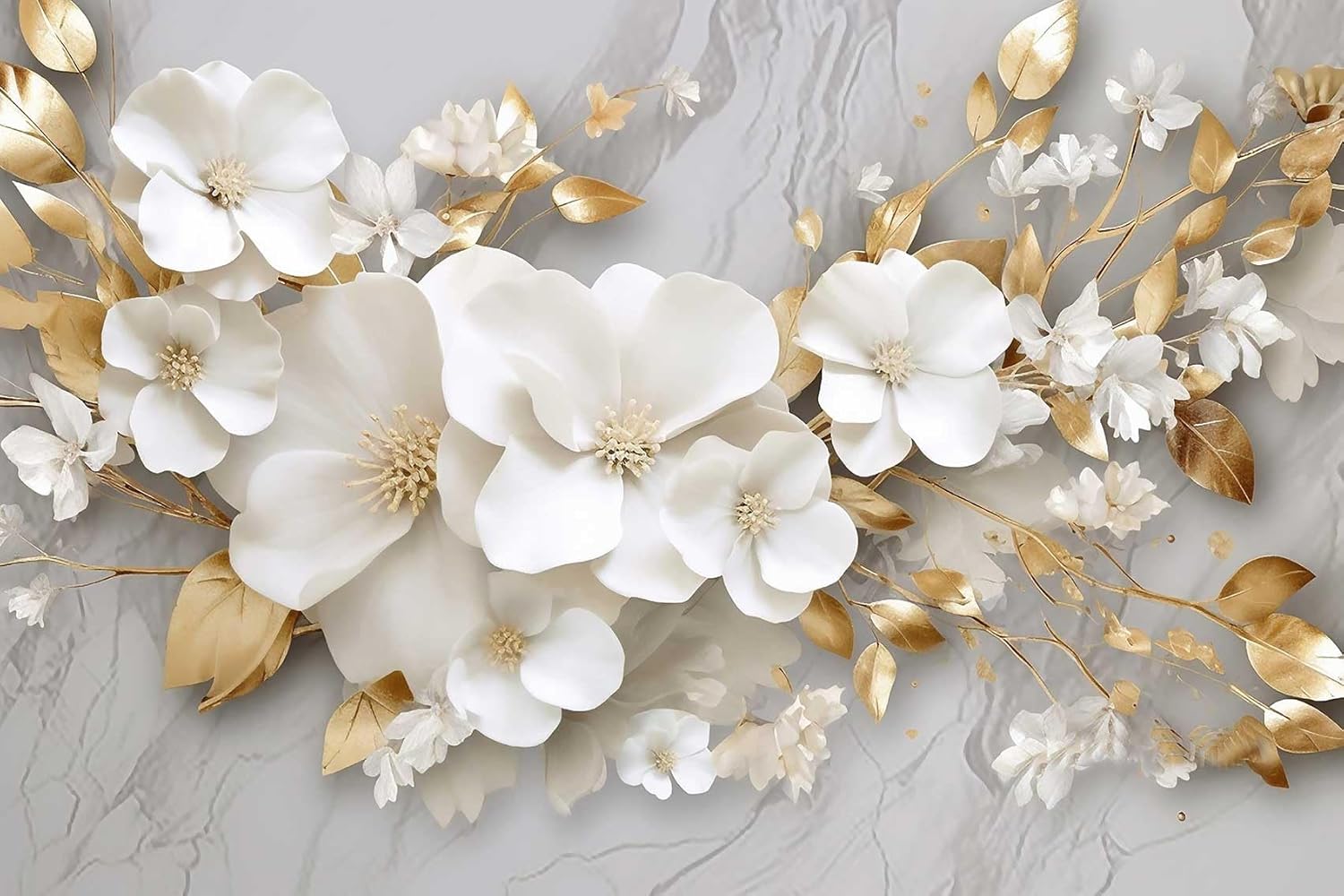3D Wallpaper Illustration Beige Background Large White Abstract Gold Leaf Flower for Living Room Bedroom Backdrop Decoration（Non-self-Adhesive）