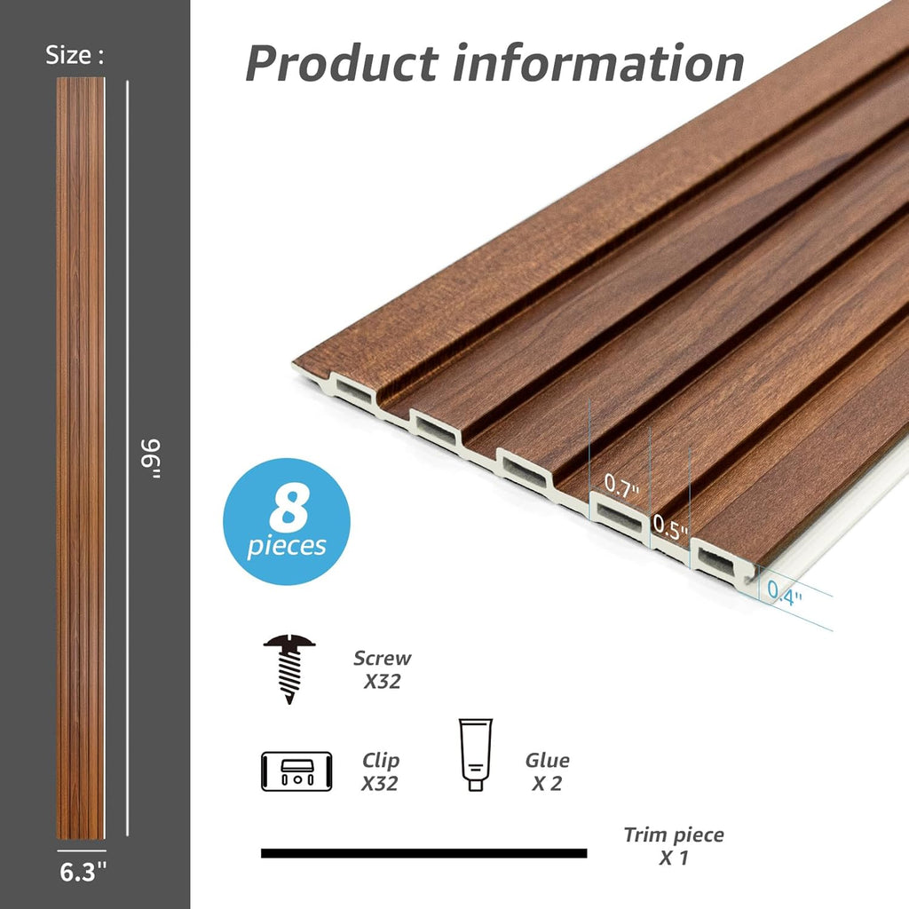 Art3d Slat Wall Panels, WPC Soundproof 3D Wall Paneling for Interior Wall Decor, TV Background, 8-Pack 96 x 6 in. Teak