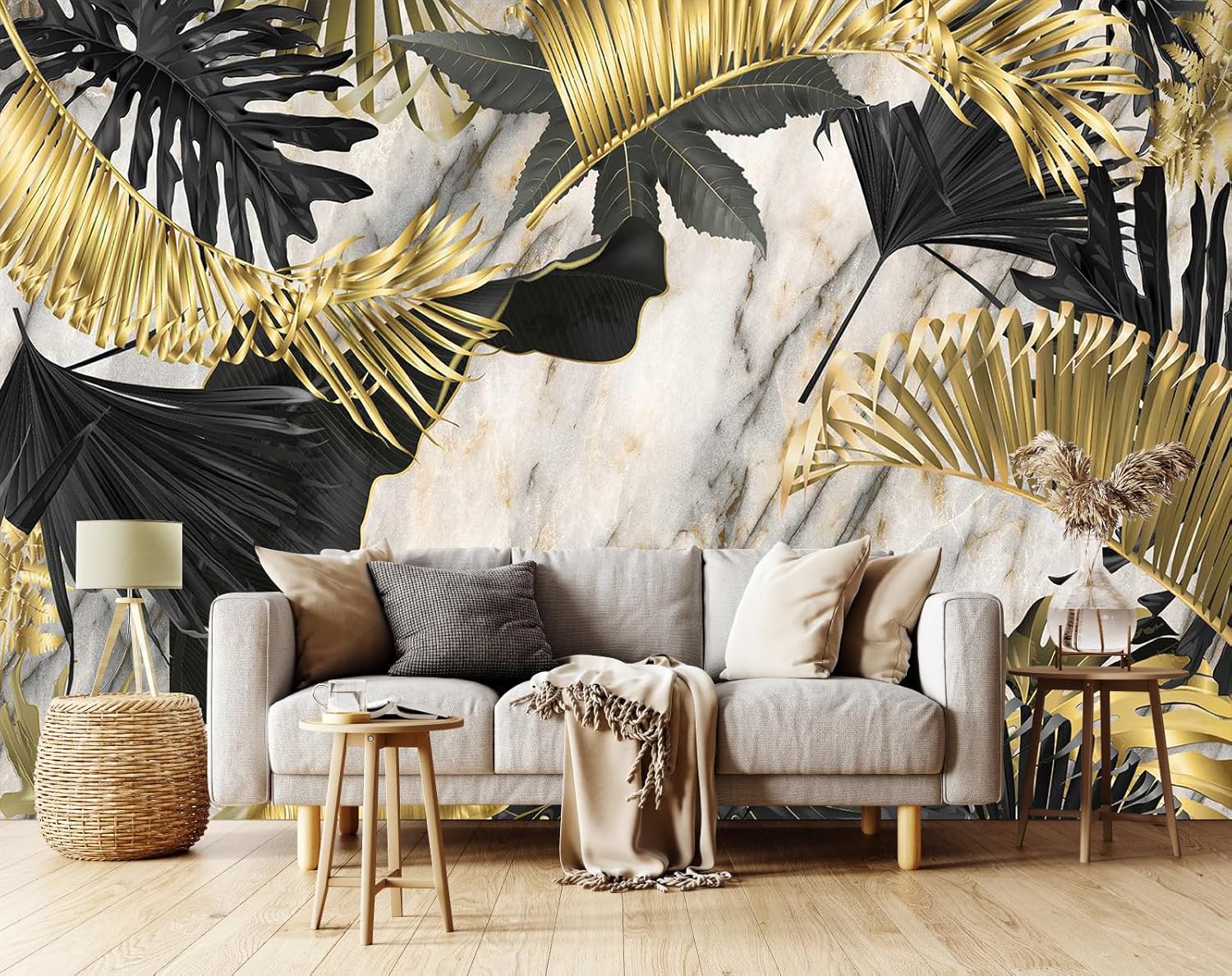 3D Wallpaper Illustration Beige Background Large White Abstract Gold Leaf Flower for Living Room Bedroom Backdrop Decoration（Non-self-Adhesive）