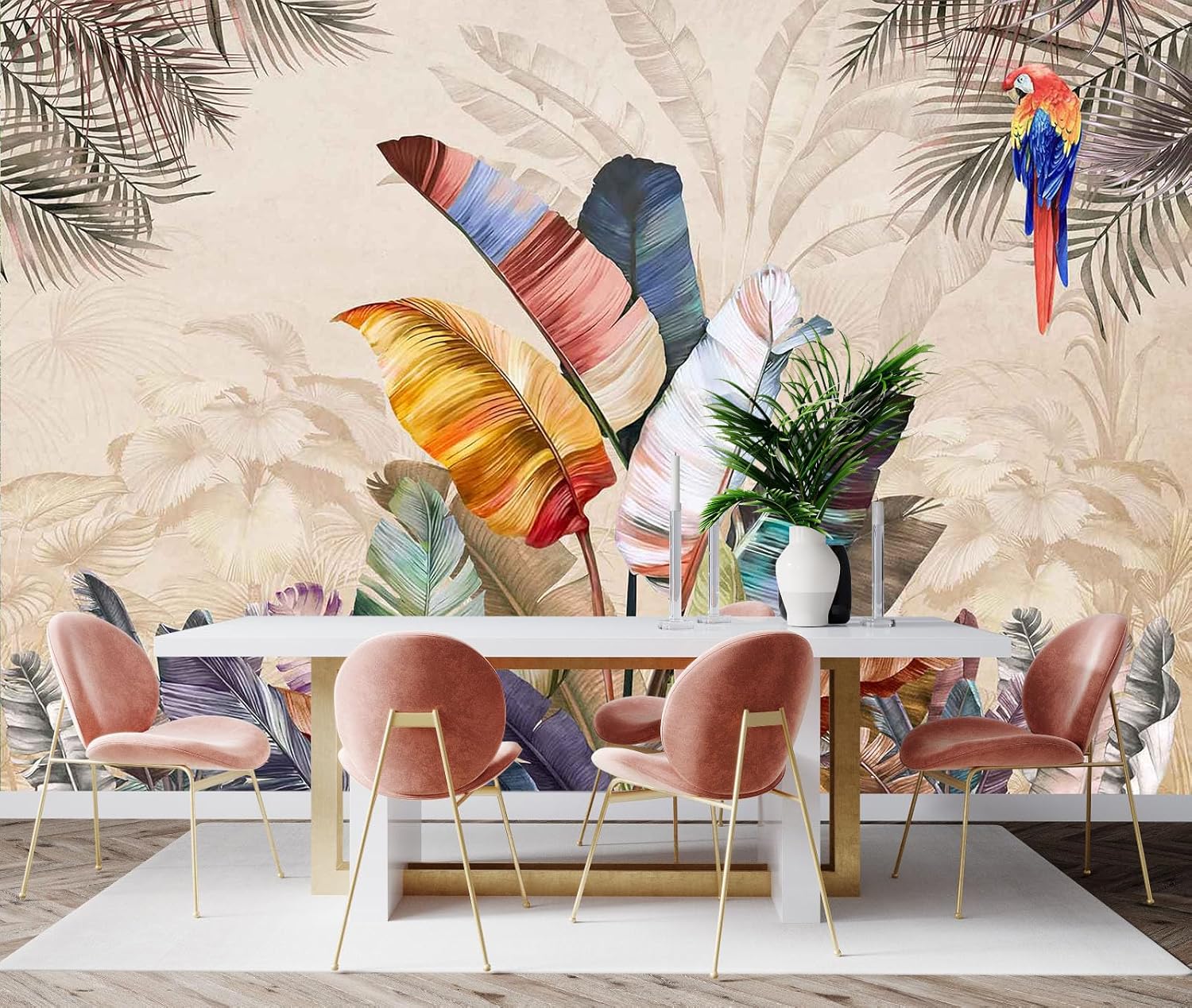 3D Wallpaper Illustration Beige Background Large White Abstract Gold Leaf Flower for Living Room Bedroom Backdrop Decoration（Non-self-Adhesive）