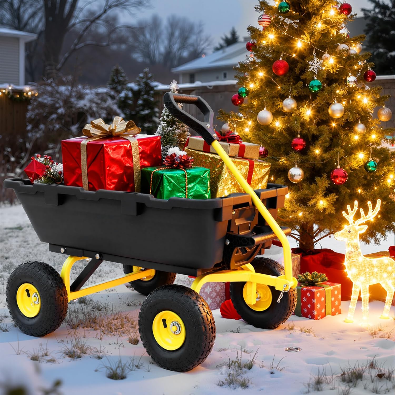 1200lbs Garden Dump Cart,7 Cu.Ft Utility Wagon Cart with Hitch,Heavy Duty Yard Dump Wagon Wheelbarrows with 13" All Terrain Wheels & 2-in-1 Handle,Tow Behind for Lawn Mower Tractor ATV