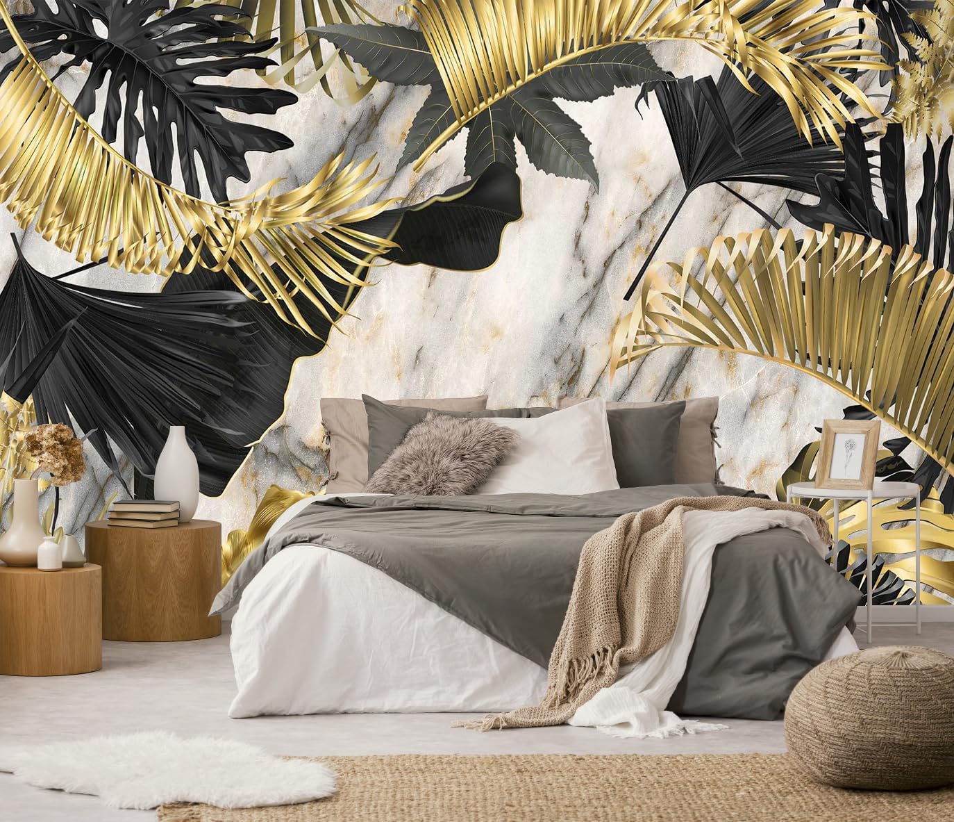 3D Wallpaper Illustration Beige Background Large White Abstract Gold Leaf Flower for Living Room Bedroom Backdrop Decoration（Non-self-Adhesive）