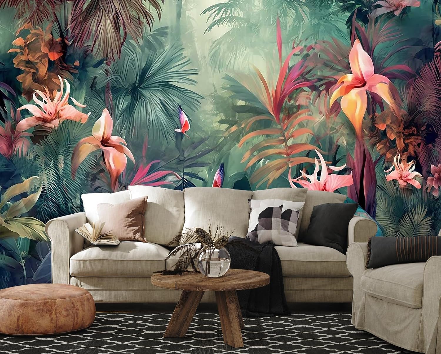 3D Wallpaper Illustration Beige Background Large White Abstract Gold Leaf Flower for Living Room Bedroom Backdrop Decoration（Non-self-Adhesive）