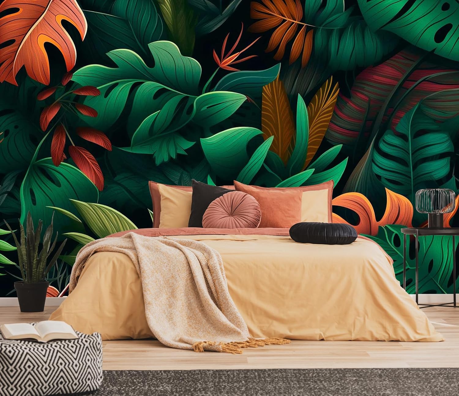 3D Wallpaper Illustration Beige Background Large White Abstract Gold Leaf Flower for Living Room Bedroom Backdrop Decoration（Non-self-Adhesive）