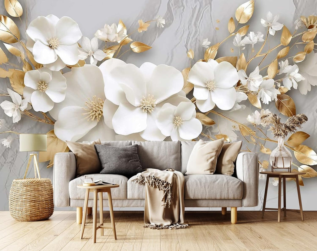 3D Wallpaper Illustration Beige Background Large White Abstract Gold Leaf Flower for Living Room Bedroom Backdrop Decoration（Non-self-Adhesive）
