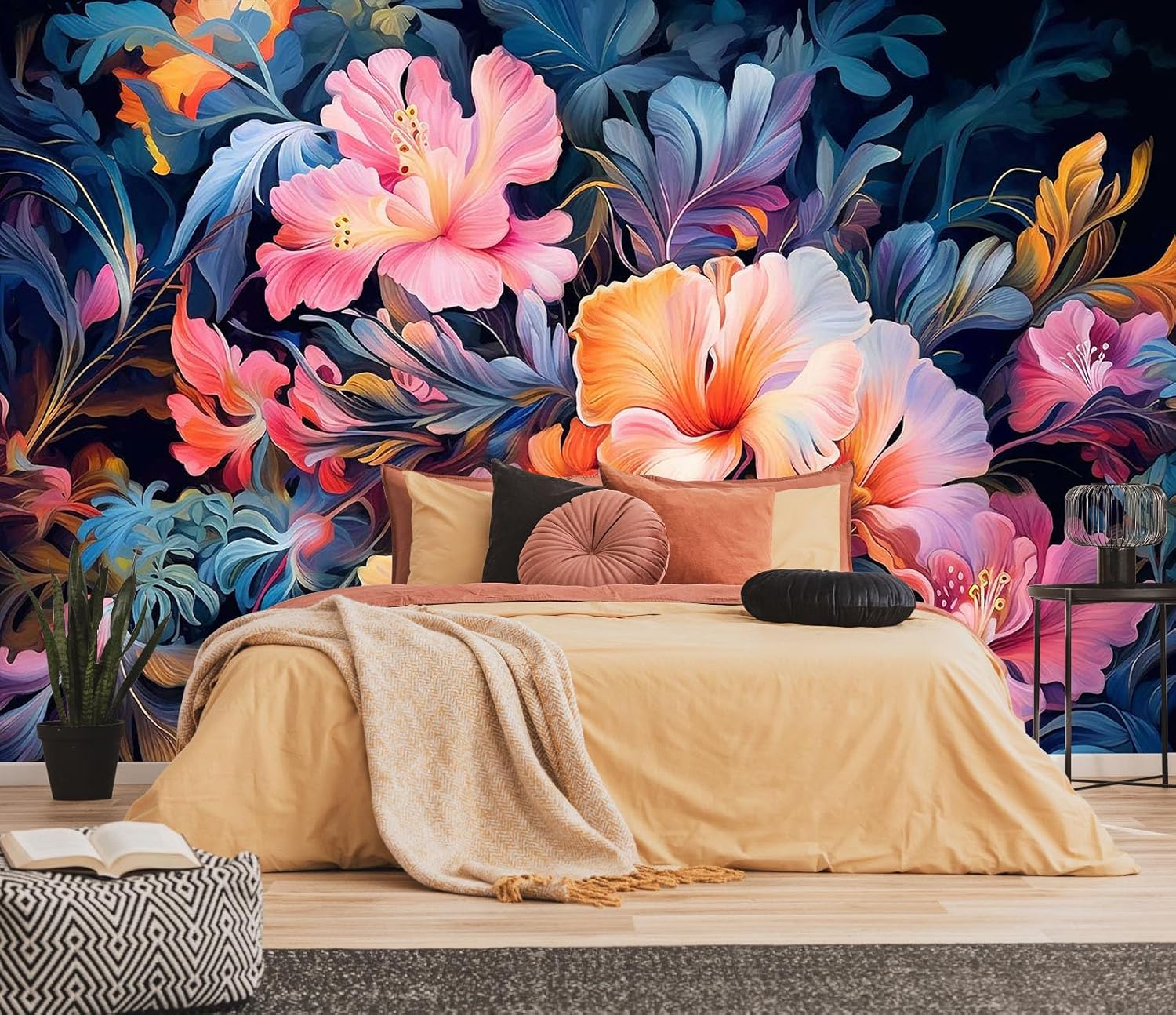 3D Wallpaper Illustration Beige Background Large White Abstract Gold Leaf Flower for Living Room Bedroom Backdrop Decoration（Non-self-Adhesive）