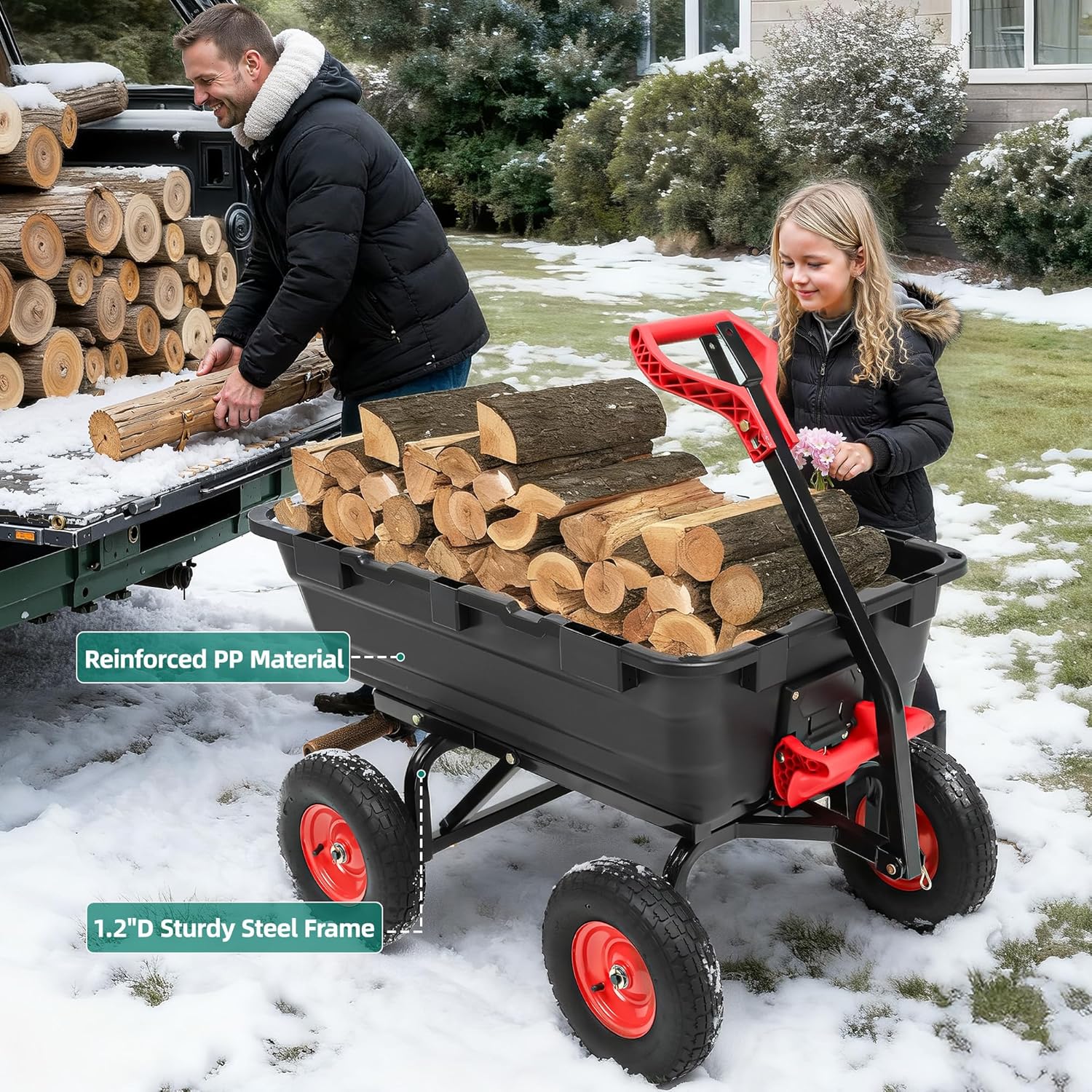 1200lbs Garden Dump Cart,7 Cu.Ft Utility Wagon Cart with Hitch,Heavy Duty Yard Dump Wagon Wheelbarrows with 13" All Terrain Wheels & 2-in-1 Handle,Tow Behind for Lawn Mower Tractor ATV